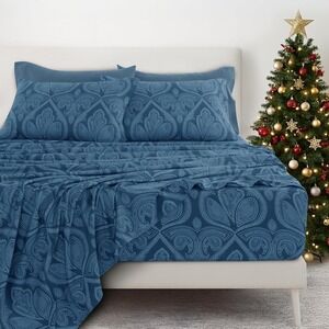 LDC‎ Lux Decor Navy Blue Paisley 6 Piece Sheet Set KING Size Microfiber NEW